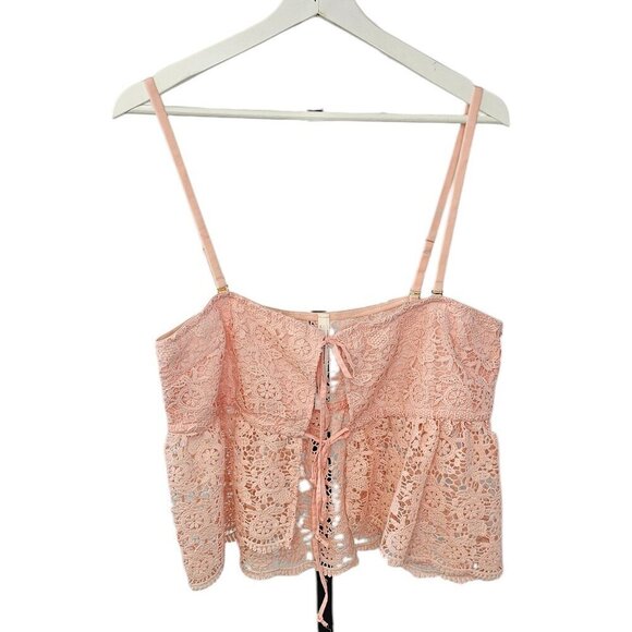 Anthropologie Tops - Anthropologie Crochet Lace Top Pink Size XL NWT Tie Front Removable Straps Crop